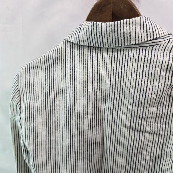 Anthropologie Blazer Womens 4 White Navy Blue Linen Pinstripe Jacket Cartonnier - Picture 6 of 14
